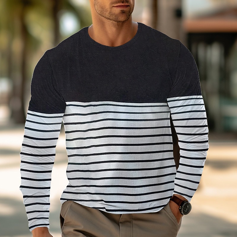 Men's T Shirt Tee Top Long Sleeve Crew Neck Summer Stripes Fashion Designer Basic Vacation Street Going out Wine Black Dark Blue Top Tee for Men