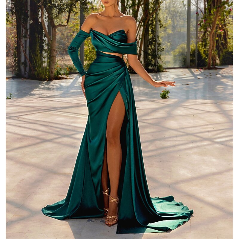 Beach Wedding Mermaid Evening Gown Sexy Dress Formal Wedding Guest Floor Length Long Sleeve Off Shoulder Satin with Ruched Slit Masquerade Dress2