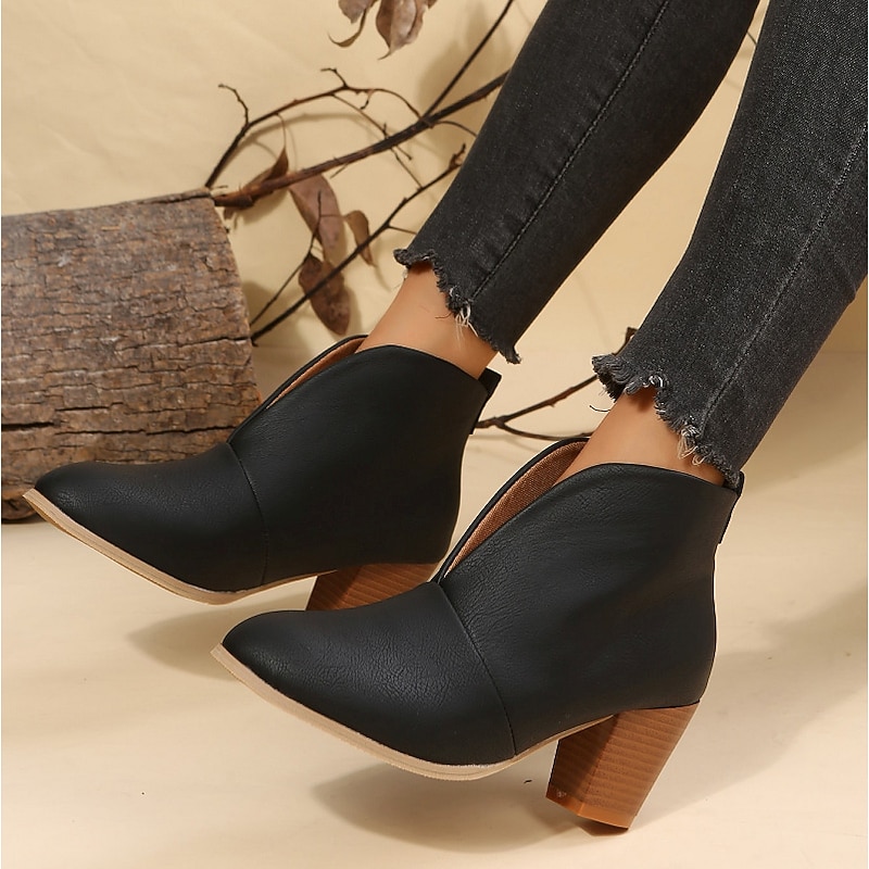 Women's Black Ankle Boots – Trendy V-Cut Slip-On Booties with Chunky Block Heels for Casual & Fall Outfits3