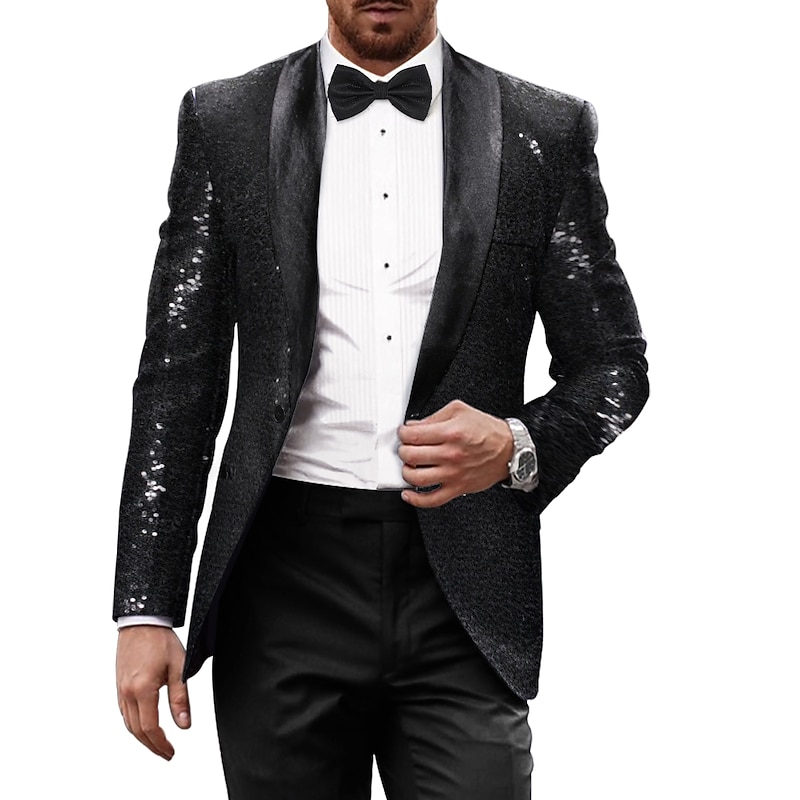 Men's Blazer Jacket Tuxedo Shawl Collar Party Sparkle Casual Pattern Black Silver Burgundy Tailored Fit Single Breasted One-button2