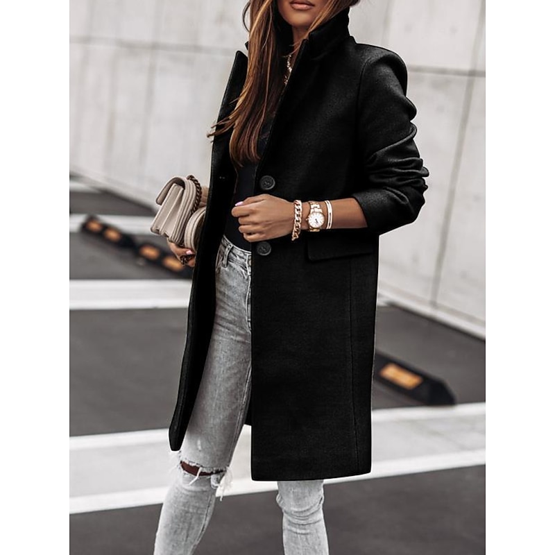 Women's Winter Coat Long Overcoat Fall Stand Collar Trench Coat Warm Windproof Pea Coat with Pockets Formal Stylish Casual Street Jacket Long Sleeve Black White Khaki2