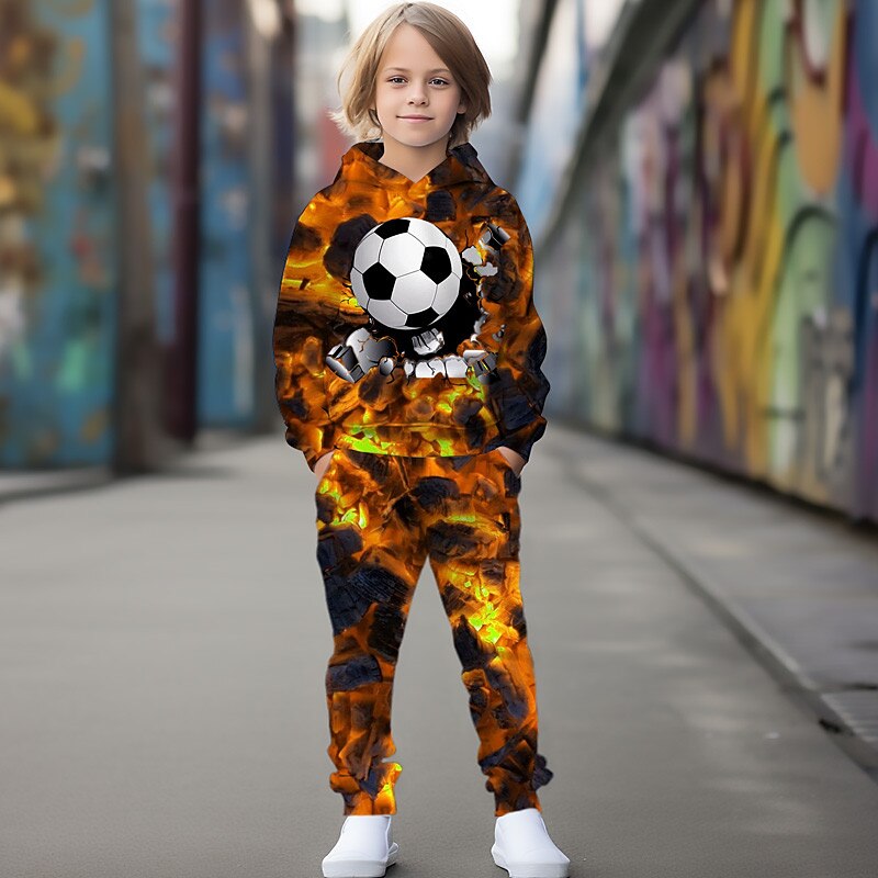 Boys 3D Football Hoodie & Sweatpants Set Set Long Sleeve 3D Printing Fall Winter Active Fashion Cool Kids 3-12 Years Outdoor Vacation Street Regular Fit4