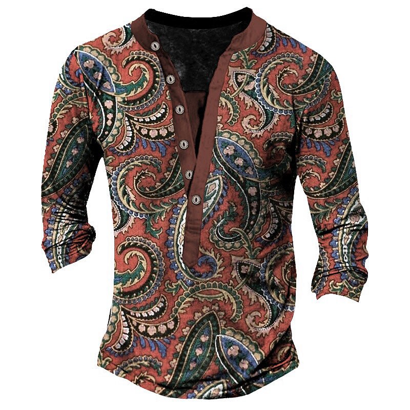 Men's Graphic Prints Floral Print Henley Shirt Graphic Tee Vintage Shirt Long Sleeve 3D Printing Fashion Basic Casual Outdoor Vacation Daily Spring &  Fall Red Navy Blue Blue Green Henley Henley3