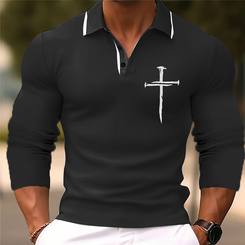 Men's Christian Polo Shirts Golf Shirt Long Sleeve Polo Shirts Collared Shirts Business Casual WorkWear Formal Wear Festival Wear 3D Print Buttons Fall & Winter Black Blue Green