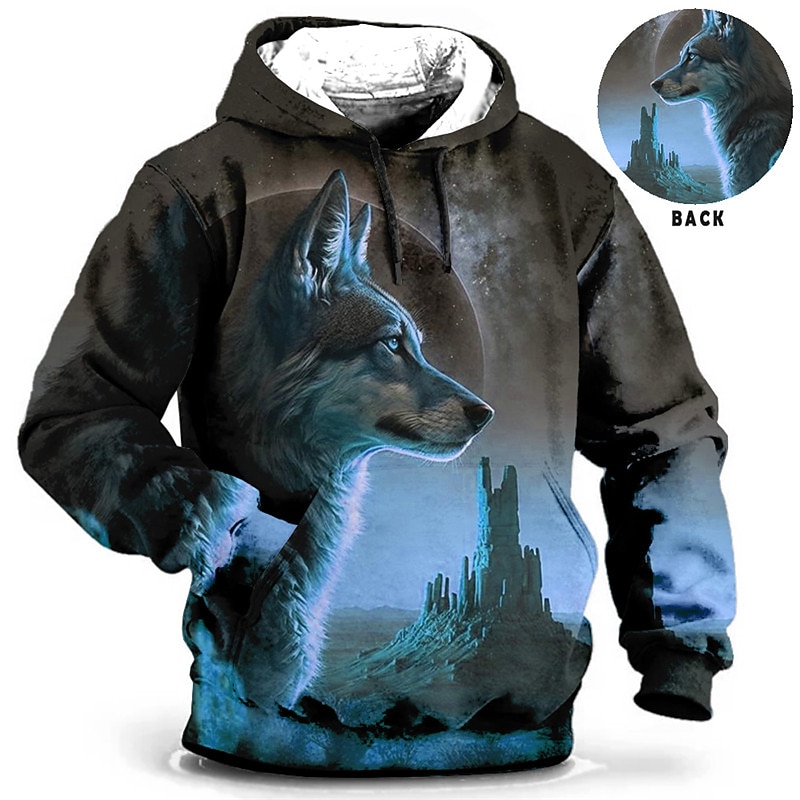 Men's Animal Wolf Graphic Prints Hoodie Hoodies Sweatshirt Daily Classic Long Sleeve Hooded Holiday Going out Streetwear Blue Brown Print Spring &  Fall Designer2