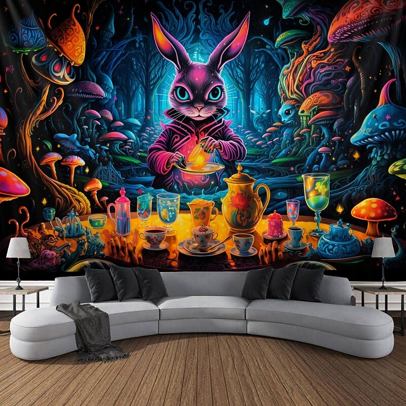 Mushroom Wonderland Blacklight Tapestry UV Reactive Glow in the Dark Rabbit Magic World Nature Landscape Hanging Tapestry Wall Art Mural for Living Room Bedroom2