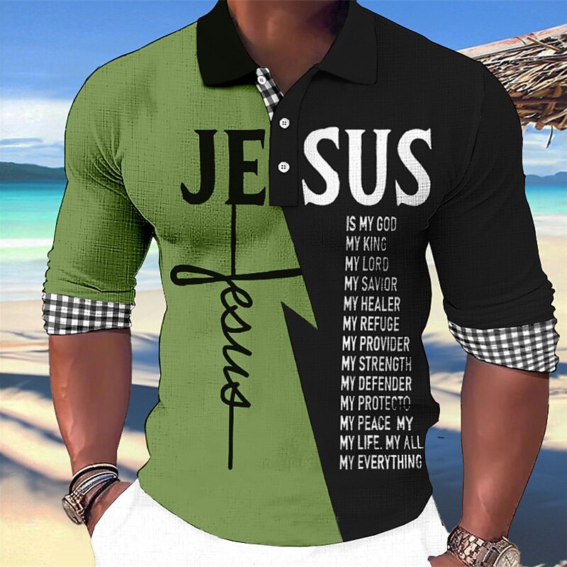 Men's Jesus Christian Hawaiian Polo Shirts Golf Shirt Long Sleeve Polo Shirts Collared Shirts Casual Beach Wear Vacation Wear Party Outfits 3D Print Buttons White Light Green Blue4