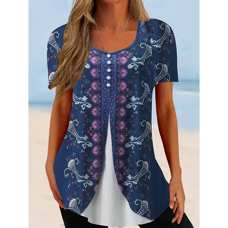 Women's T Shirt Floral Basic Short Sleeve Round Neck Regular Tops Holiday Weekend Buttons Print Pink Navy Blue Blue