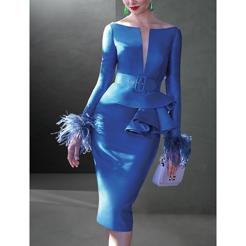 Sheath Cocktail Dresses Elegant Dress Formal Fall Knee Length Long Sleeve V Neck Belt / Sash Stretch Fabric with Feather Ruffles Race Day Dress free custom size2