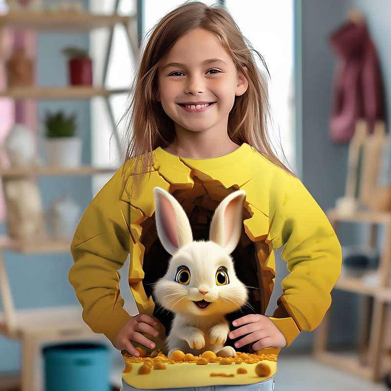 Girls' 3D Cartoon Rabbit Bunny Sweatshirt Long Sleeve 3D Print Summer Fall Fashion Streetwear Adorable Polyester Kids 3-12 Years Outdoor Casual Daily Regular Fit