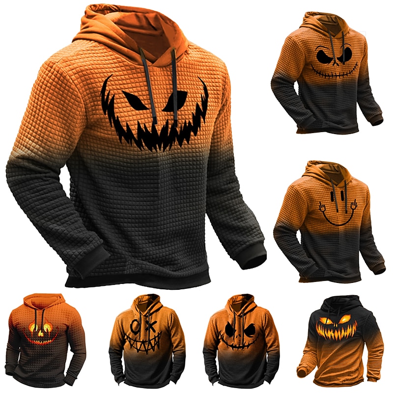 Men's Pumpkin Graphic Prints Hoodie Hoodies Waffle Hoodie Daily Classic Long Sleeve Hooded Halloween Holiday Going out Black Yellow Print Spring &  Fall Designer