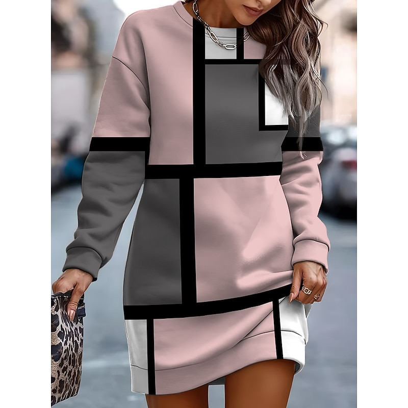 Women's Mini Dress Sweatshirt Dress Casual Dress Print Dress Warm Fashion Daily Outdoor Vacation Holiday Loose Fit Geometric Long Sleeve Crew Neck Black Pink Burgundy Green Fall Winter
