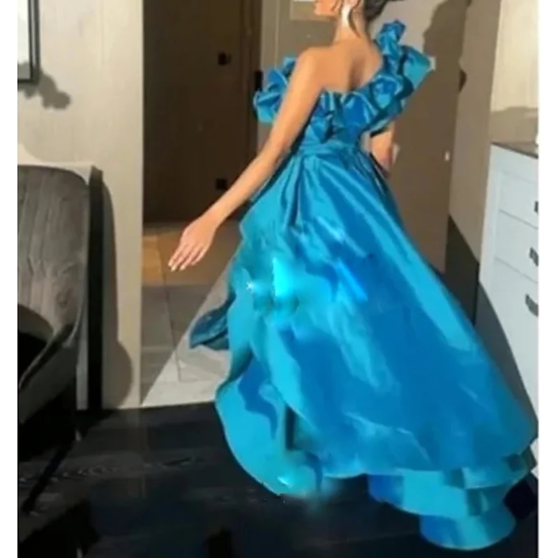 A-Line Evening Gown Elegant Dress Formal Wedding Asymmetrical Sleeveless One Shoulder Satin with Ruffles Slit Masquerade Dress4