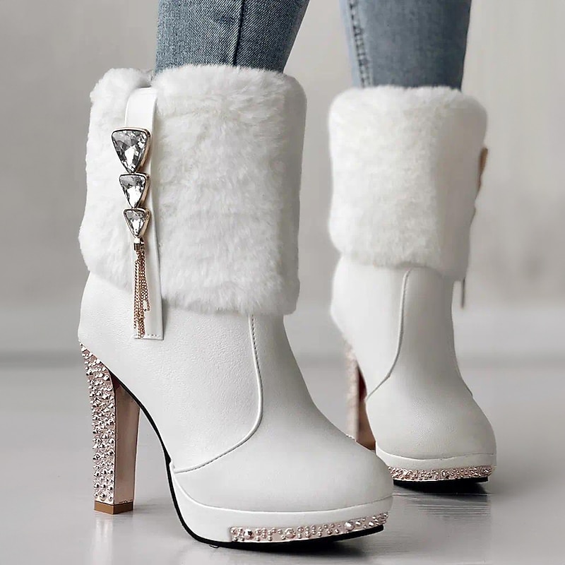 Women's White Ankle Boots with Faux Fur and Rhinestone Embellished Heels - Elegant High Heel Winter Footwear for Parties and Special Events4