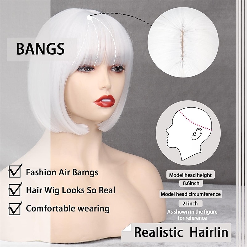 Short White Bob Wig Bangs Straight White Wig for Women Natural Synthetic Short White Wig Bangs for Daily Party Cosplay Halloween3