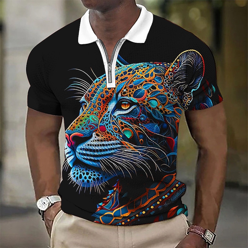Men's Animal Leopard Graphic Prints Waffle Polo Shirts Polo Shirts Zip Polo Golf Shirt Short Sleeves Shirt Turndown Outdoor Street Black Yellow Blue Purple Green Zipper Print Clothing Apparel Fashion4