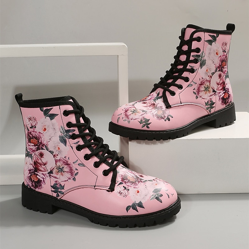 Women's Floral Pink Combat Boots - Stylish and Comfortable for Casual Outings and Everyday Wear4