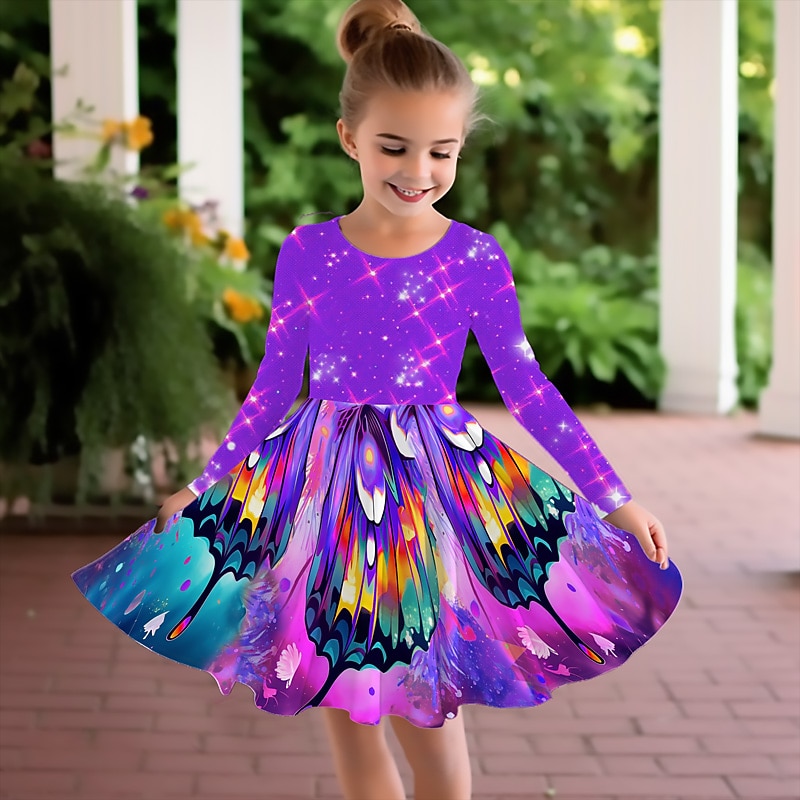 Girls' 3D Graphic Butterfly Dress Long Sleeve 3D Print Summer Fall Vacation Sports & Outdoor Daily Cute Casual Beautiful Kids 3-12 Years Casual Dress A Line Dress Above Knee Regular Fit2
