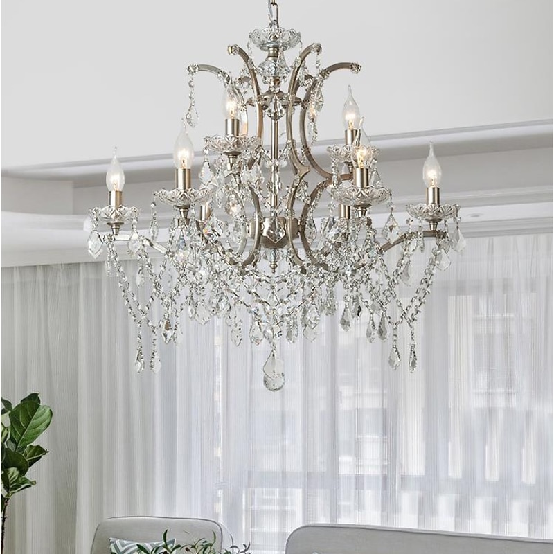 Chrome Silver Large Chandelier Lighting 43/61/68cm Wide Clear Crystal Tiered 12-Light Fixture for Dining Room House Foyer Entryway Kitchen Bedroom Living Room High Ceilings 110-240V