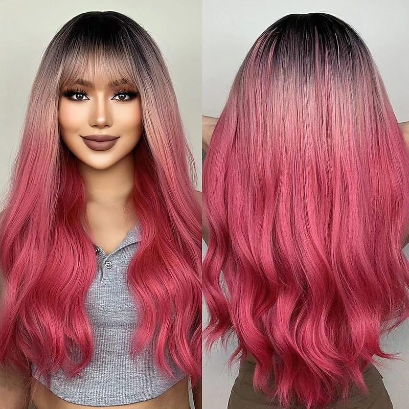 Long Ombre Pink Red Wavy Wigs for Women Black Pink Curly Wigs With Bangs Dark Roots Cosplay Wig Glueless Synthetic Wigs for Daily Party Use