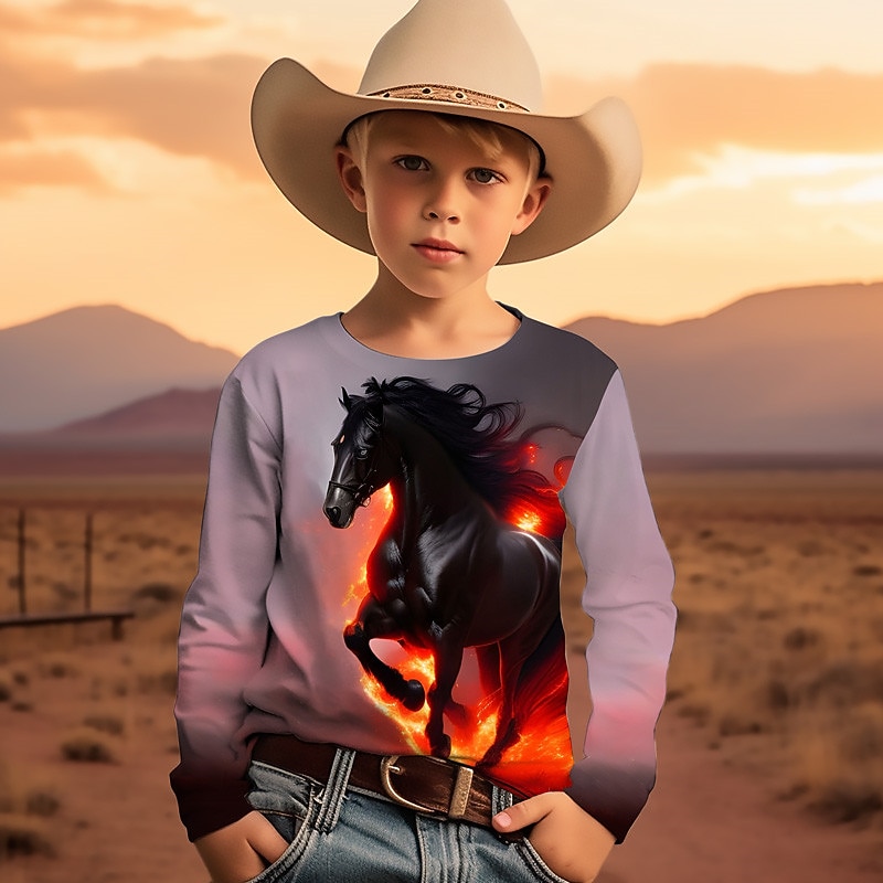 Boys 3D Graphic Animal Horse T shirt Tee Long Sleeve 3D Print Summer Spring Fall Sports Fashion Streetwear Kids 3-12 Years Outdoor Casual Daily Regular Fit