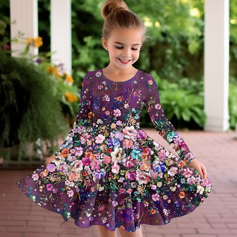Easter Girls' 3D Floral Graphic Dress Long Sleeve 3D Print Summer Fall Vacation Sports & Outdoor Daily Cute Casual Beautiful Kids 3-12 Years Casual Dress A Line Dress Above Knee Regular Fit3
