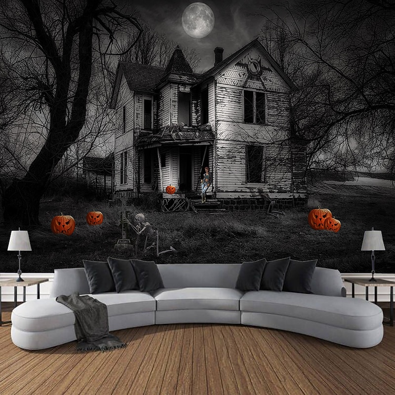 Halloween Tapestry Art Decoration Blanket Curtains Hanging Home Bedroom Living Room Decoration Pumpkin Ghost Skull Ghost House Eerie And Terrifying Halloween Decorations
