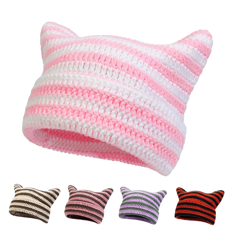 Retro Vintage Punk & Gothic Y2K Hat Striped Beanie Normal Cat Little Devil Horn Stripes Fancy Dress Men's Women's Halloween Carnival Masquerade Event / Party Festival Teen Adults' Hat Fall & Winter2