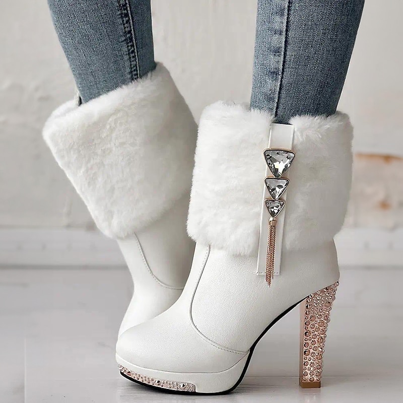 Women's White Ankle Boots with Faux Fur and Rhinestone Embellished Heels - Elegant High Heel Winter Footwear for Parties and Special Events3