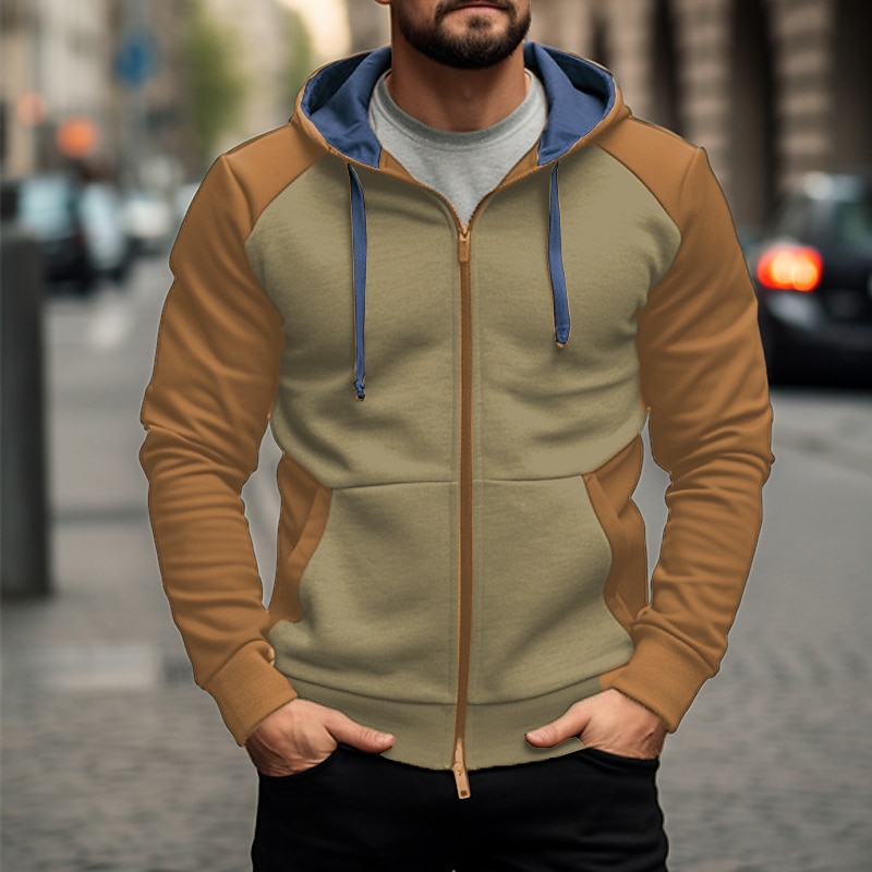 Men's Zip Up Hoodie Zip Up Hoodies White Army Green Navy Blue Brown Hooded Color Block Zip Up Sports & Outdoor Daily Holiday Polyester Streetwear Cool Casual Spring &  Fall Clothing Apparel Hoodies4