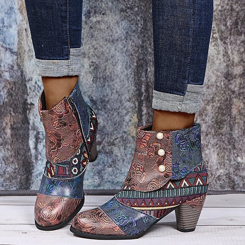 Bohemian Floral Embossed Ankle Boots for Women, Retro Ethnic Style Block Heel Short Boots with Zipper & Pearl Button Details - Perfect for Casual Outings, Festivals, and Vintage-Inspired Events2