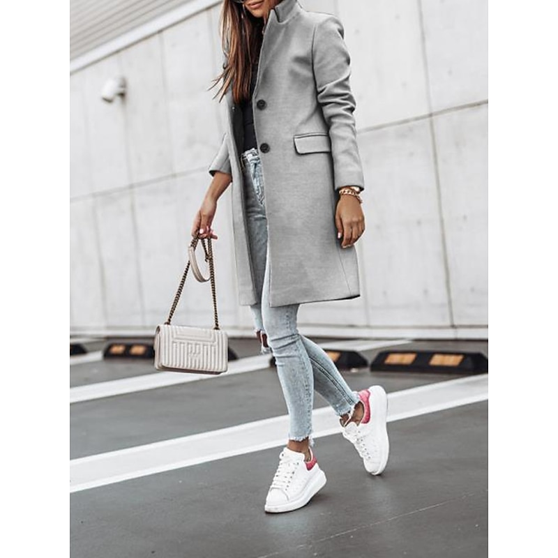 Women's Winter Coat Long Overcoat Fall Stand Collar Trench Coat Warm Windproof Pea Coat with Pockets Formal Stylish Casual Street Jacket Long Sleeve Black White Khaki3