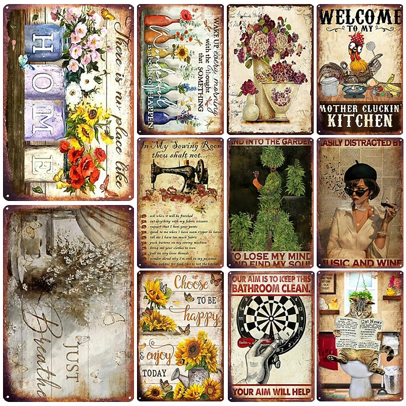 1pc Retro Metal Tin Sign Flower Tin Sign Vintage Kitchen Signs Wall Decor, Painting Wall Hanging for Home Decor Wall Art Metal Tin Sign 20x30cm/8''x12''