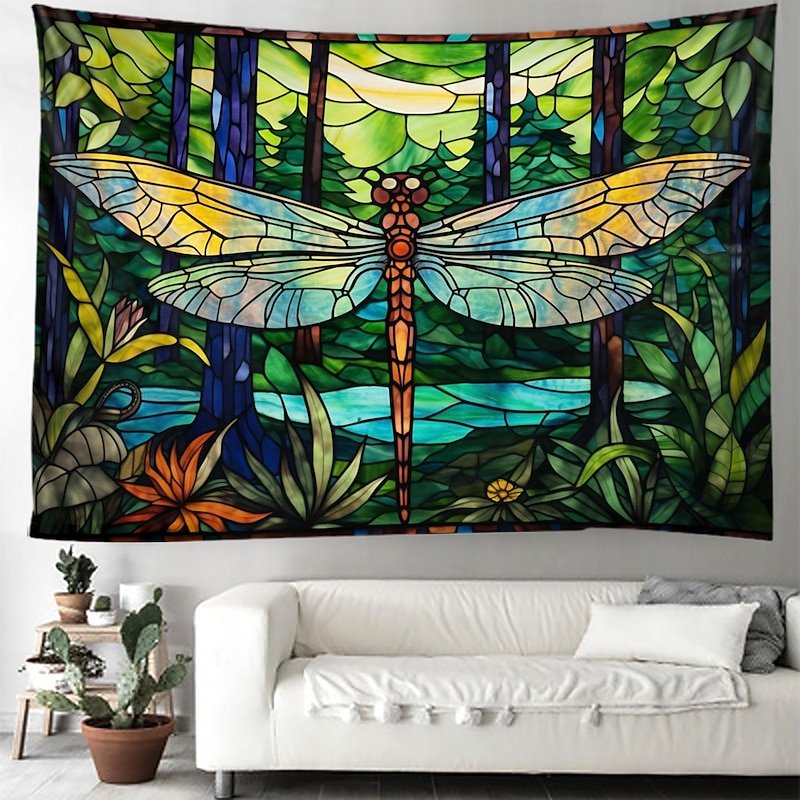 Stained Glass Dragonfly Hanging Tapestry Wall Art Large Tapestry Mural Decor Photograph Backdrop Blanket Curtain Home Bedroom Living Room Decoration2
