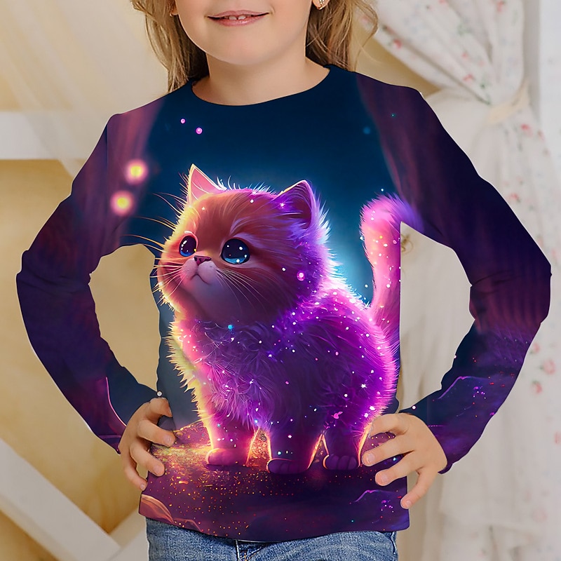 Girls' 3D Graphic Cartoon Cat T shirt Tee Long Sleeve 3D Print Summer Spring Fall Active Fashion Cute Kids 3-12 Years Outdoor Casual Daily Regular Fit4