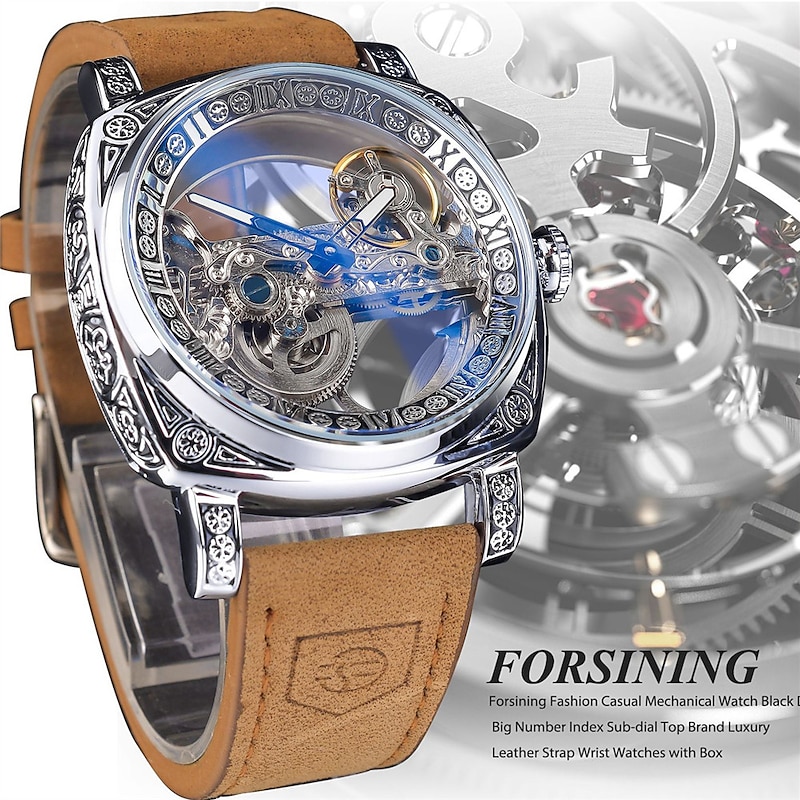 FORSINING Women Men Mechanical Watch Luxury Large Dial Fashion Business Hollow Skeleton Automatic Self-winding Luminous Waterproof Leather Strap Watch