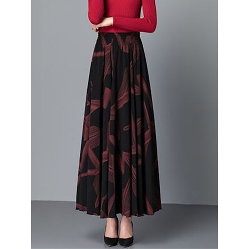 Women's Skirt A Line Maxi High Waist Skirts Pleated Pocket Print Floral Office / Career Street Winter Fashion Casual Black Yellow Red4