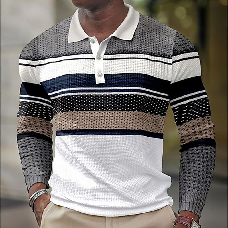 Men's Striped Golf Shirt Long Sleeve Polo Shirts Collared Shirts Casual Vacation Wear Formal Wear Festival Wear Buttons 3D Print Fall & Winter White Purple Brown