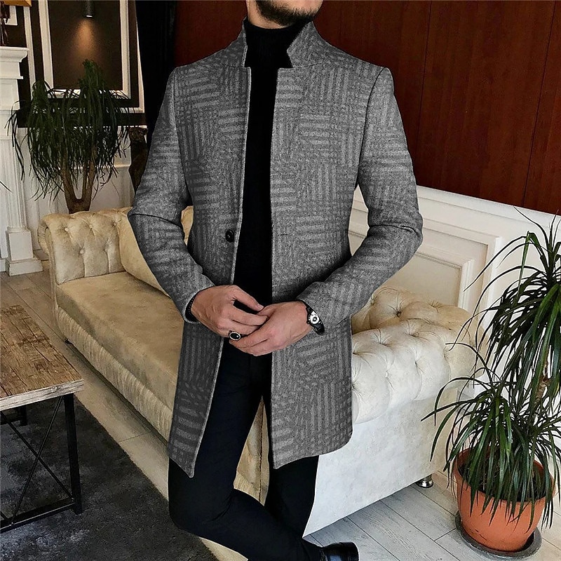 Men's Plaid / Check Geometry Winter Coat Overcoat Coat Warm Comfortable Breathable Fashion Streetwear Business Work Wear to work Going out Pocket Print Fall & Winter Turndown Long Sleeve Black Gray2