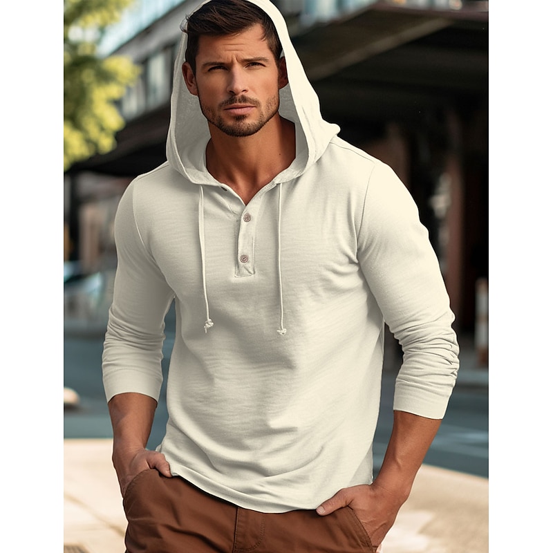 Men's Shirt Cotton Linen Shirt Plain Vacation Casual Black White Navy Blue Blue Long Sleeve Hooded Spring &  Fall Clothing Apparel Buttons4