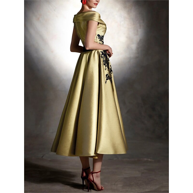 A-Line Gold Cocktail Dresses Elegant Dress Formal Wedding Guest Tea Length Sleeveless Off Shoulder Satin with Pleats Appliques Dresses3