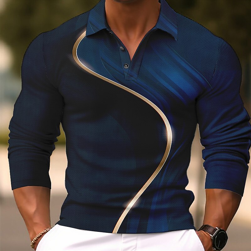 Men's Geometric Polo Shirts Golf Shirt Long Sleeve Polo Shirts Collared Shirts Business Casual WorkWear Formal Wear Festival Wear 3D Print Buttons Fall & Winter Royal Blue Ocean Blue Brown
