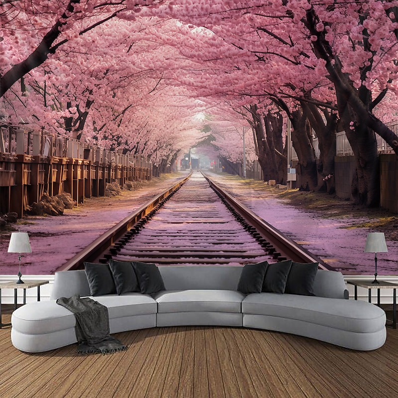 Cherry Blossom Rail Hanging Tapestry Wall Art Large Tapestry Mural Decor Photograph Backdrop Blanket Curtain Home Bedroom Living Room Decoration