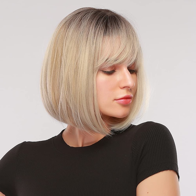 Blonde Bob Wig with Bangs Short Bob Wigs for Women Short Blonde Wig with Dark Roots Heat Resistant Synthetic Wig Natural Looking for Daily Use3
