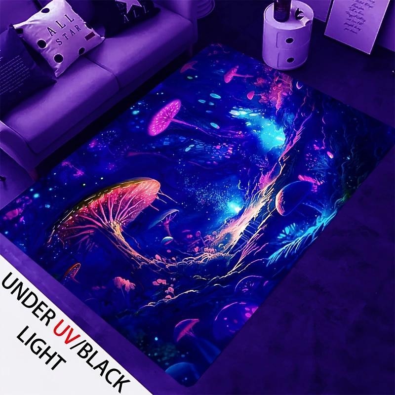Mushroom Landscape Blacklight Rug Carpet Floor Mat UV Reactive Glow in the Dark Rug Large Non-Slip Rug Mat Carpet for Room Decor2