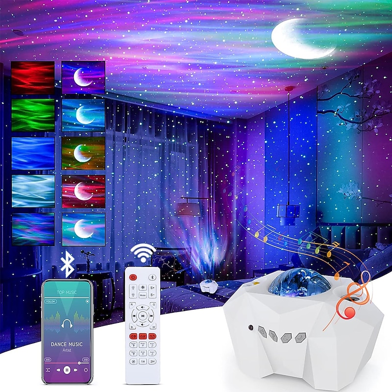 Aurora Star Light Projector with Moon Galaxy Lights Projector with Remote Control Night Sky Light Projector Built-in Bluetooth and Multi-Color Projection Lamp