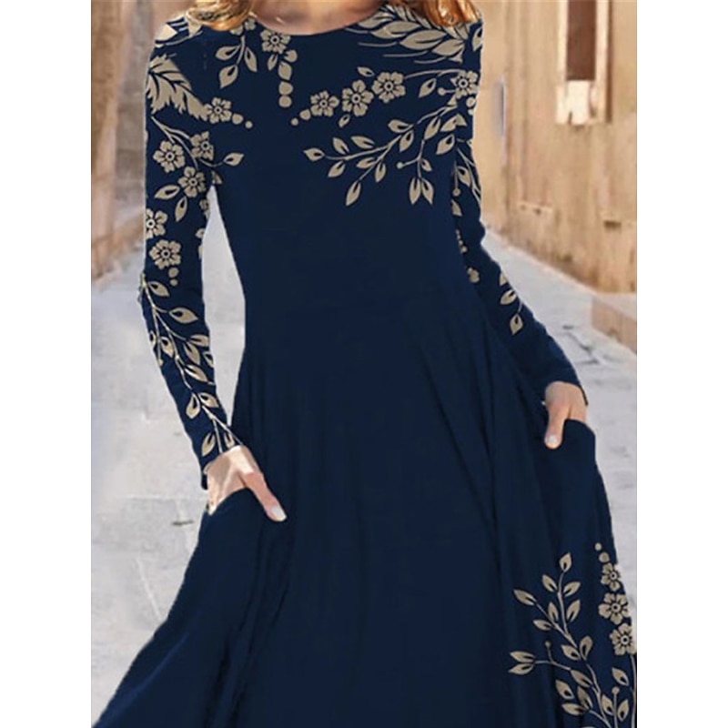 Women's Midi Dress A Line Dress Casual Dress Winter Dress Swing Dress Fashion Streetwear Mature Formal Outdoor Vacation Regular Fit Floral Long Sleeve Crew Neck Black Navy Blue Royal Blue Blue Spring2