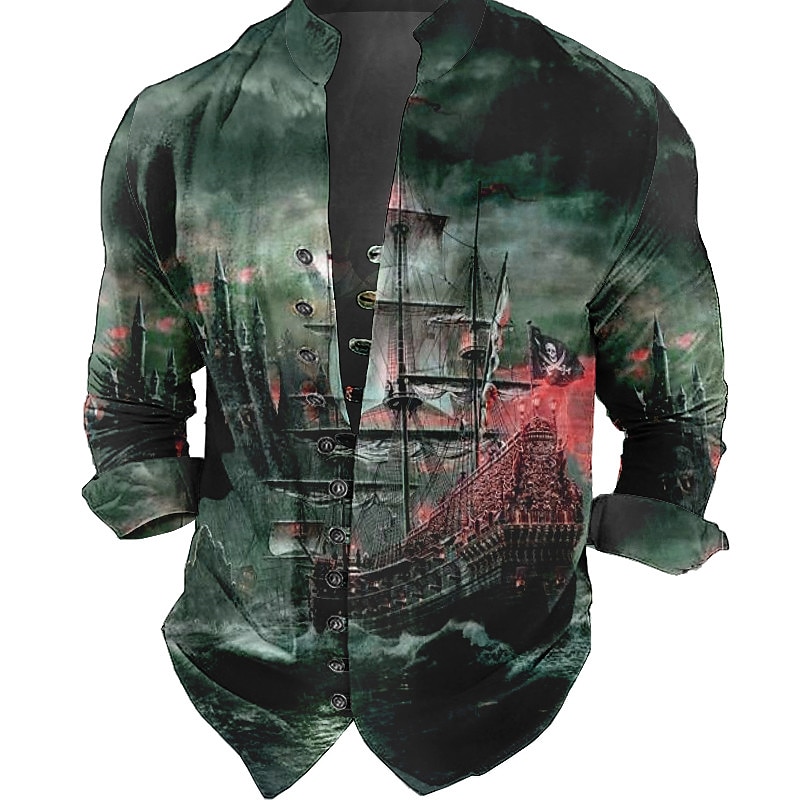 Men's Nautical Vintage Sailboat Shirt Button Up Shirt Long Sleeve Fashion Streetwear Designer Outdoor Casual Daily Summer Spring Fall Stand Collar Print Yellow Red Blue Green Gray2