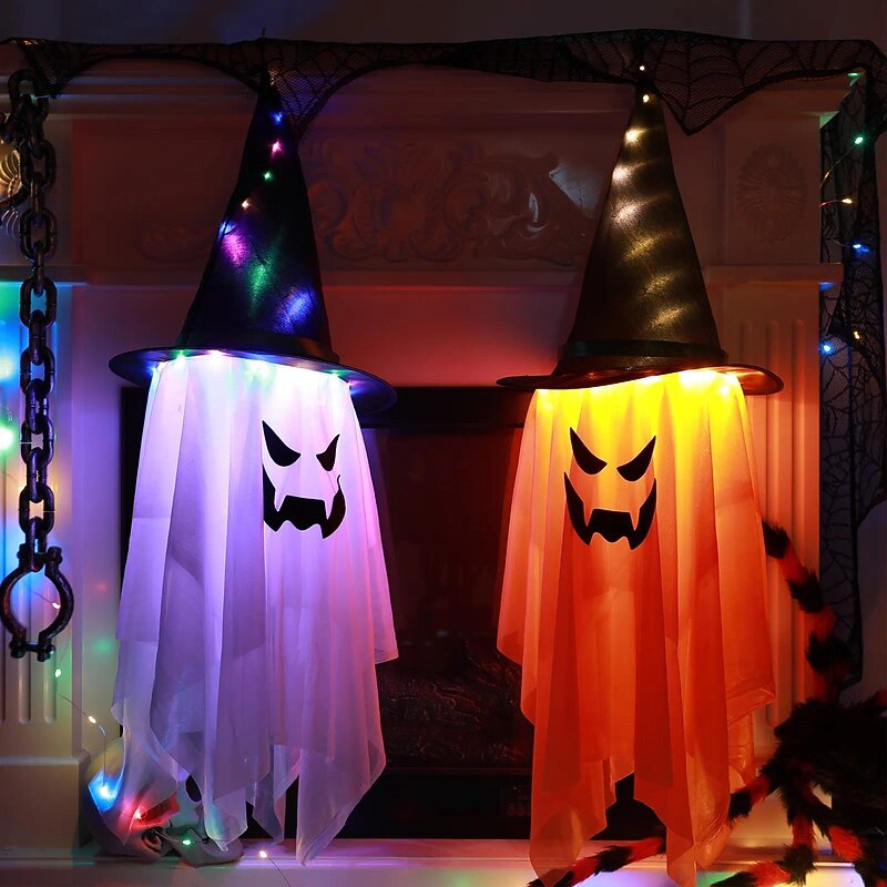 Halloween Decorations Flying Witch Hats Lighted Ghost Hanging LED Lights Bar Halloween Party Supplies Dress Up Glowing Wizard Ghost Lamp2