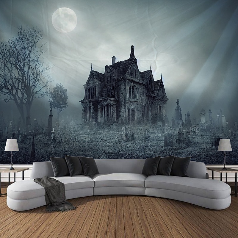Halloween Tapestry Wall Art Large Tapestry Mural Decoration Photo Background Blanket Curtains Family Bedroom Living Room Decoration Horror Pumpkin Monster Witch Haunted House Halloween Decorations4